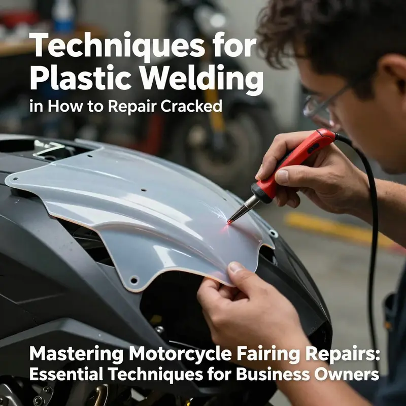 A technician skillfully applying plastic welding to repair a cracked motorcycle fairing.