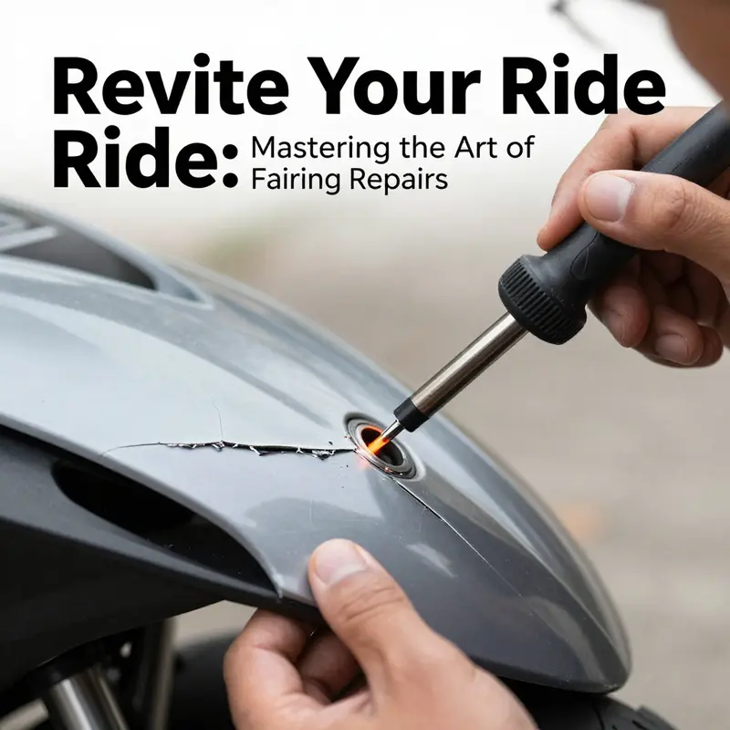 Technician applying plastic welding technique to fix a cracked motorcycle fairing.