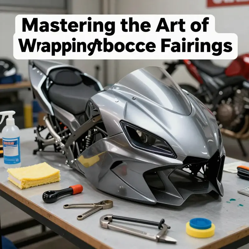 An organized workspace illustrating the preparation steps before wrapping motorcycle fairings.