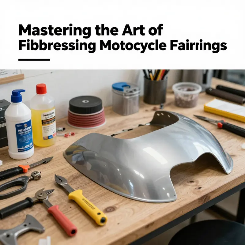 Essential materials and tools for preparing motorcycle fairings before fiberglass application.