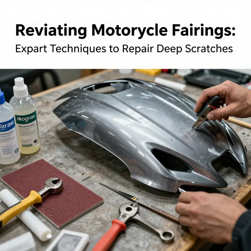 A mechanic assesses damage to a motorcycle fairing, determining the repair needs for deep scratches.