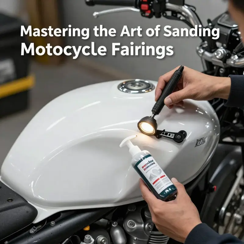 Inspecting a motorcycle fairing before starting the sanding process.