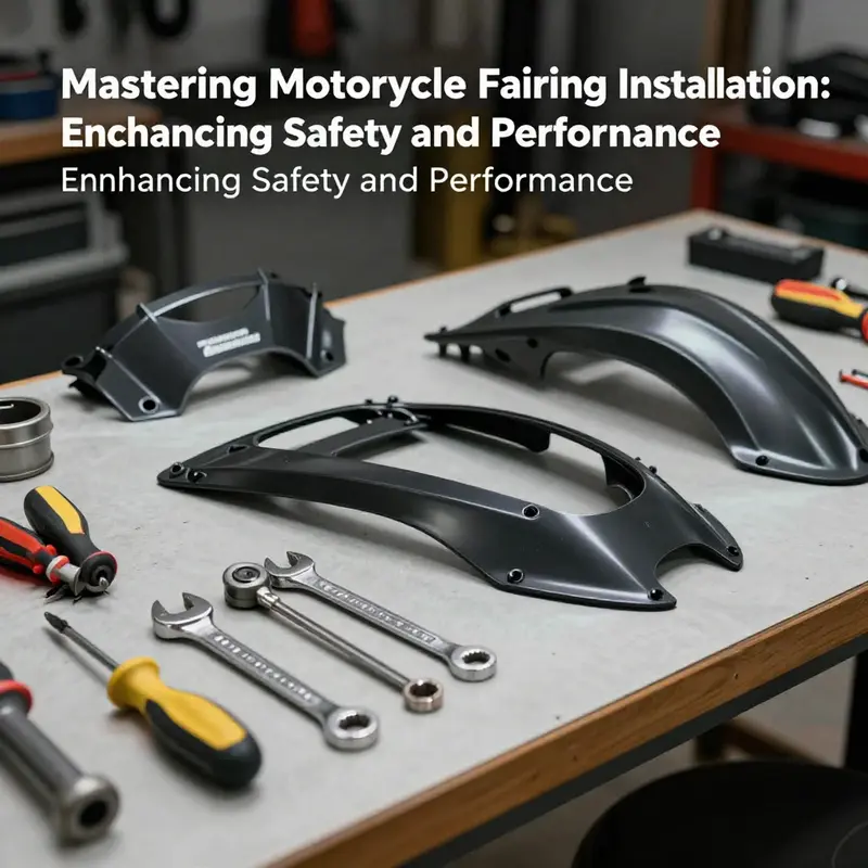 A well-organized workspace ready for motorcycle fairing installation, showcasing necessary tools and parts.