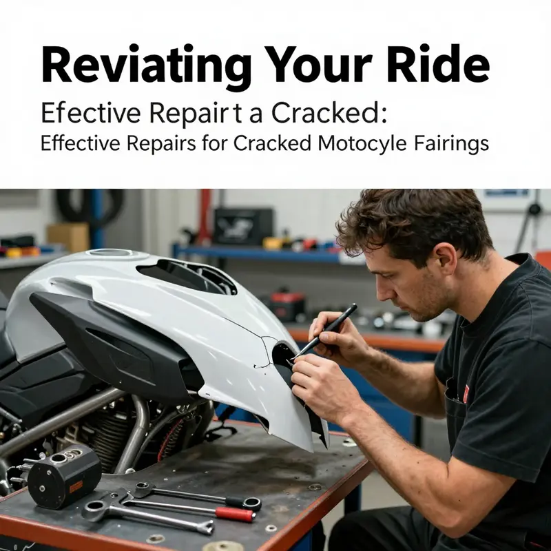 A mechanic applies a plastic repair kit to a cracked motorcycle fairing.