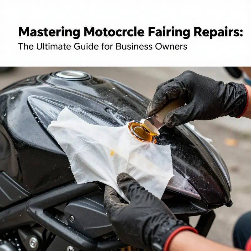 Technician using plastic welding to repair small cracks on motorcycle fairings.