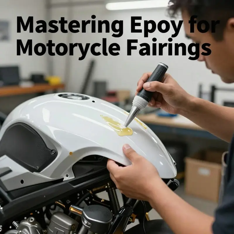 Technician repairing a motorcycle fairing with epoxy resin for durable results.