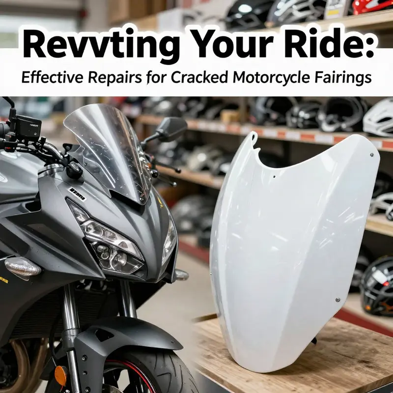 A mechanic applies a plastic repair kit to a cracked motorcycle fairing.