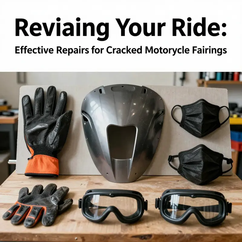 A mechanic applies a plastic repair kit to a cracked motorcycle fairing.