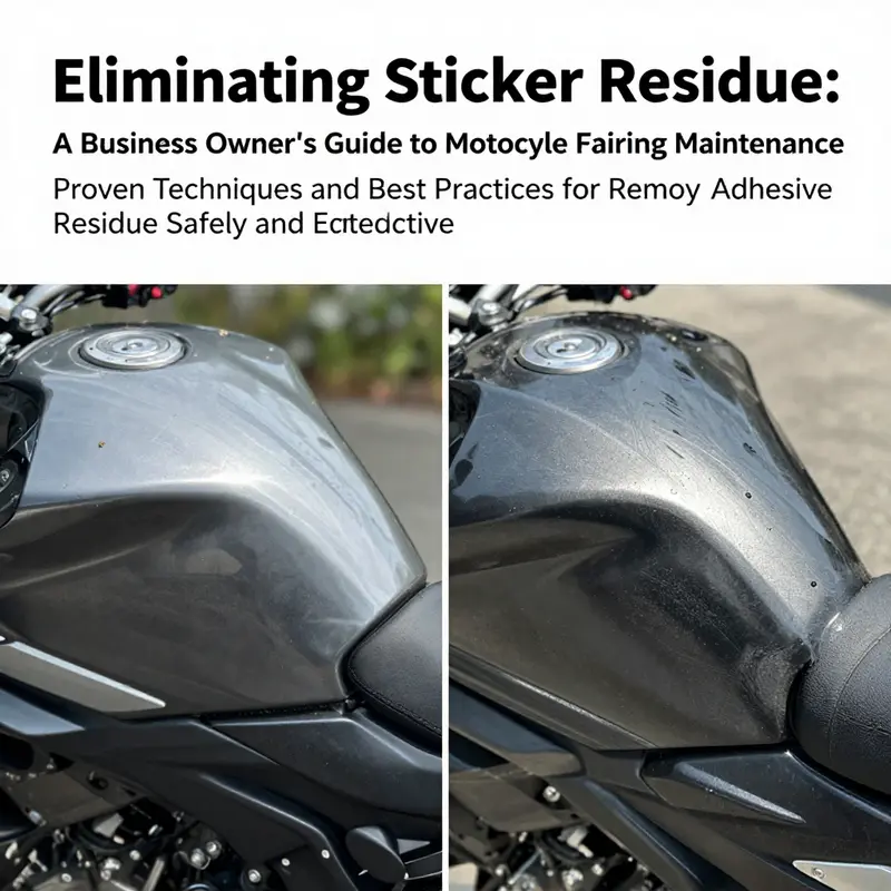 A visual comparison showing a motorcycle fairing before and after the removal of sticker residue.