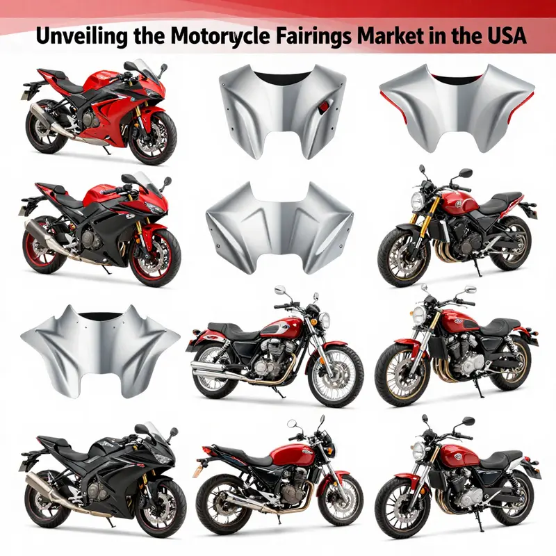 Various motorcycle fairings presented in a retail environment, demonstrating the diversity available to consumers.
