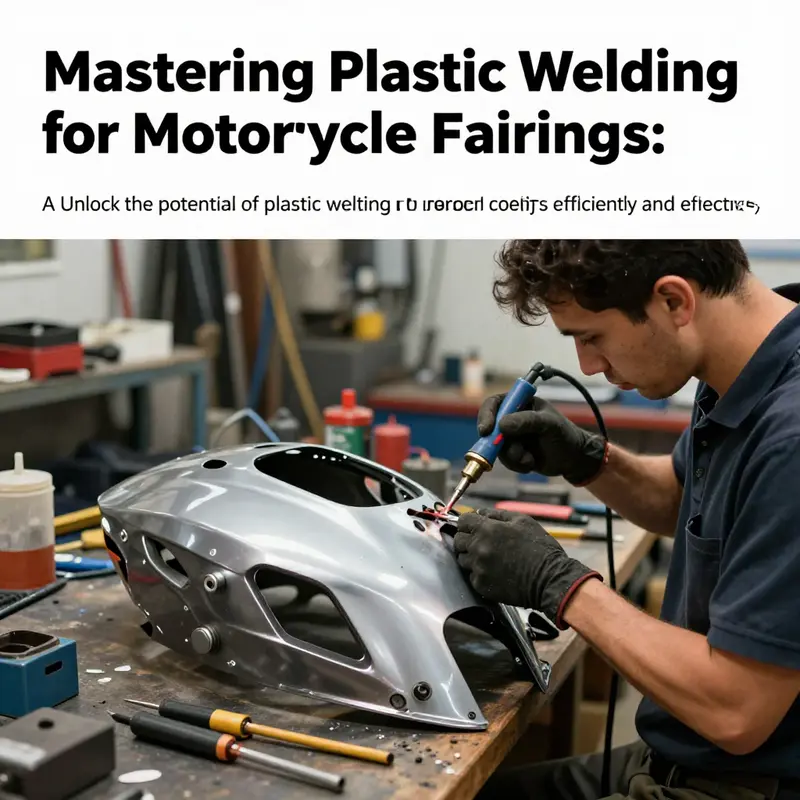 A busy motorcycle repair workshop with technicians using plastic welding tools on fairings.
