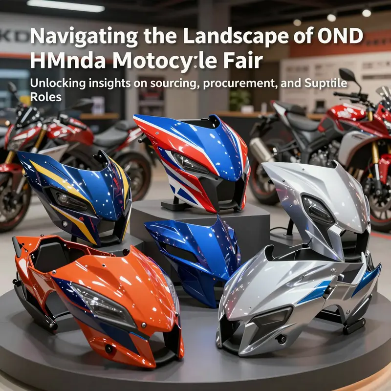 An artistic display of diverse OEM Honda motorcycle fairings in a professional showroom setting.