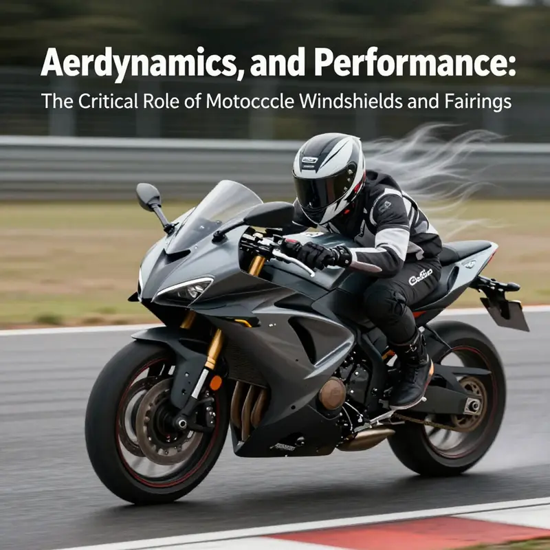 A close-up of a motorcycle windshield emphasizes its role in protecting the rider from wind and debris.