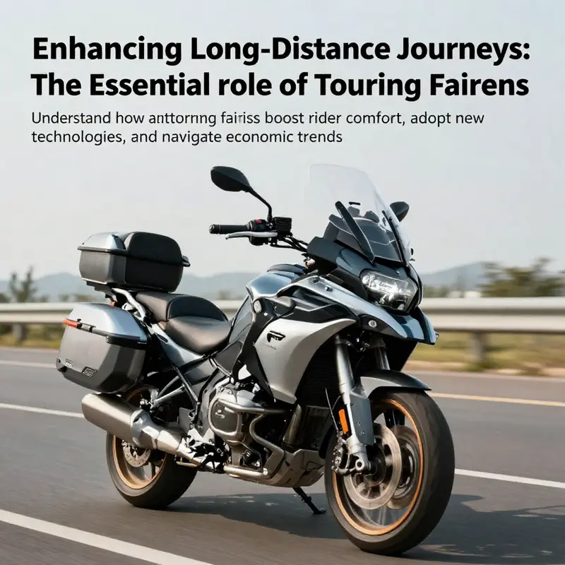 A touring motorcycle with a full fairing riding on an open highway, representing the benefits of comfort and style for long-distance travel.