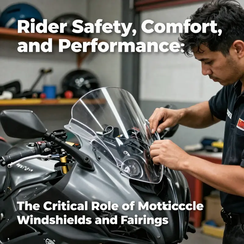 A close-up of a motorcycle windshield emphasizes its role in protecting the rider from wind and debris.