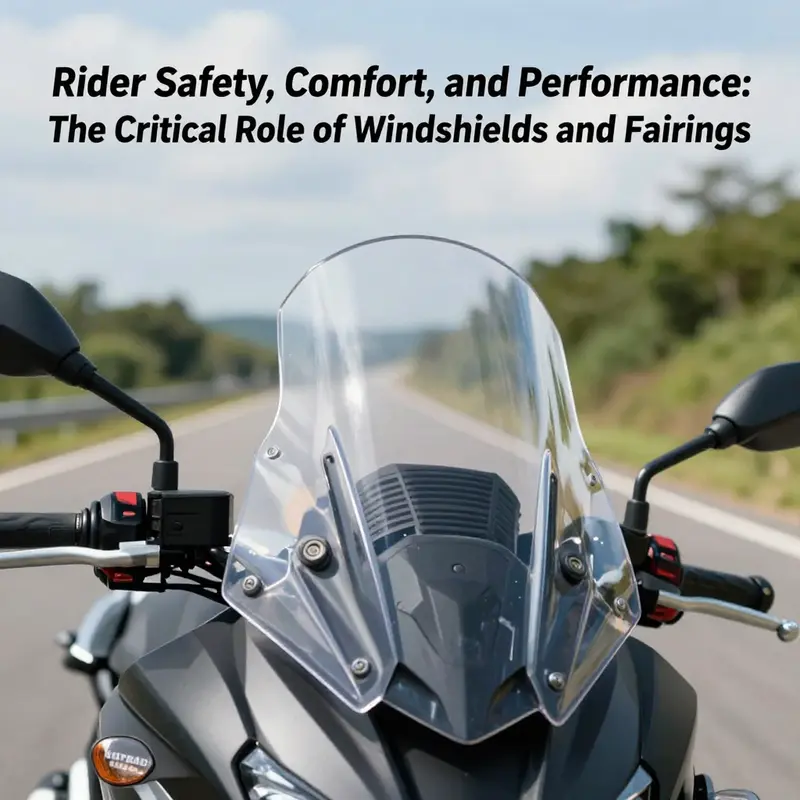 A close-up of a motorcycle windshield emphasizes its role in protecting the rider from wind and debris.