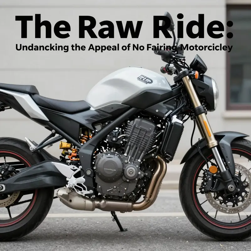 An illustration of a no fairing motorcycle highlighting its straightforward design and mechanical components.
