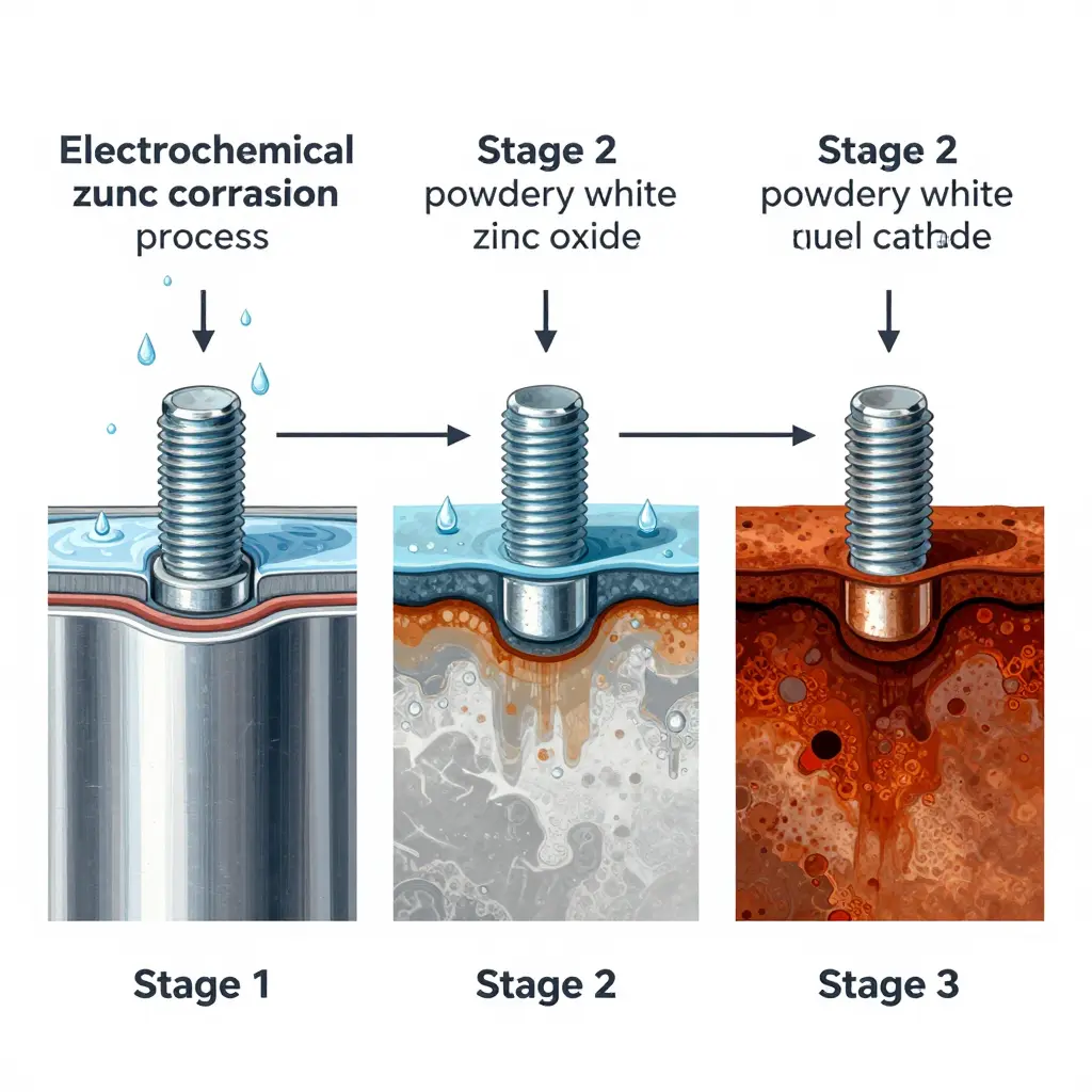 Cross-section diagram showing the electrochemical zinc corrosion process on a fairing fastener, progressing from shiny zinc to white rust to red rust