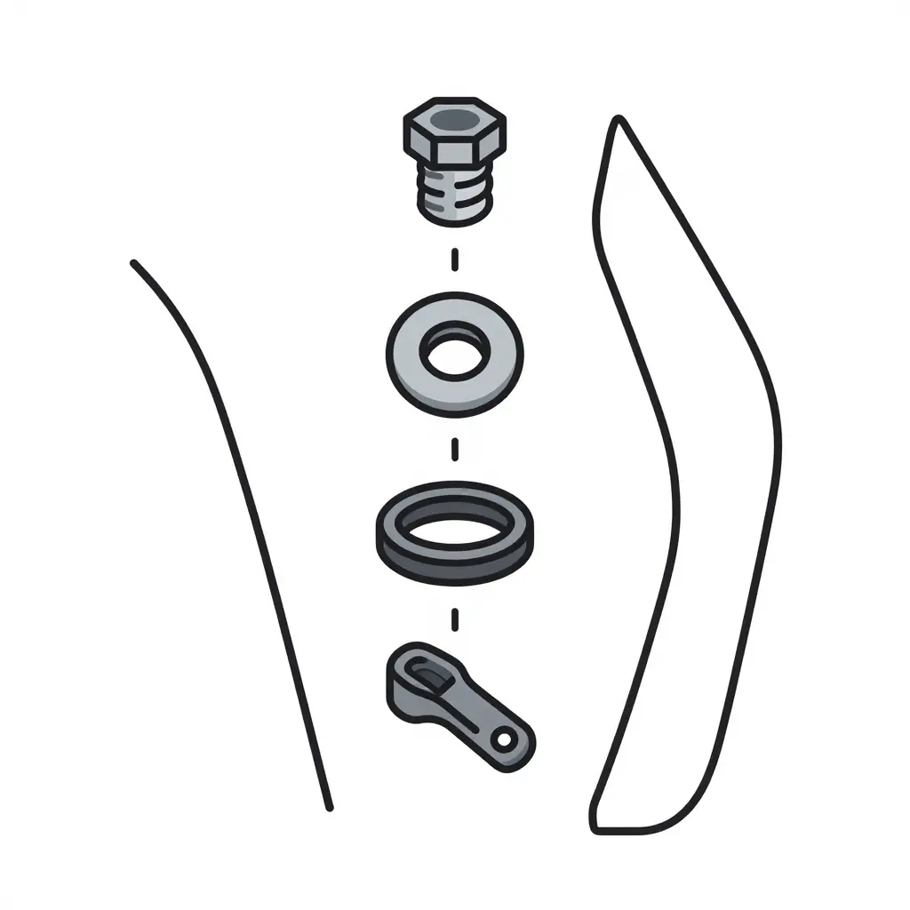 Exploded 2D schematic of a motorcycle fairing panel attachment point showing a bolt, washer, grommet, and clip in assembly order
