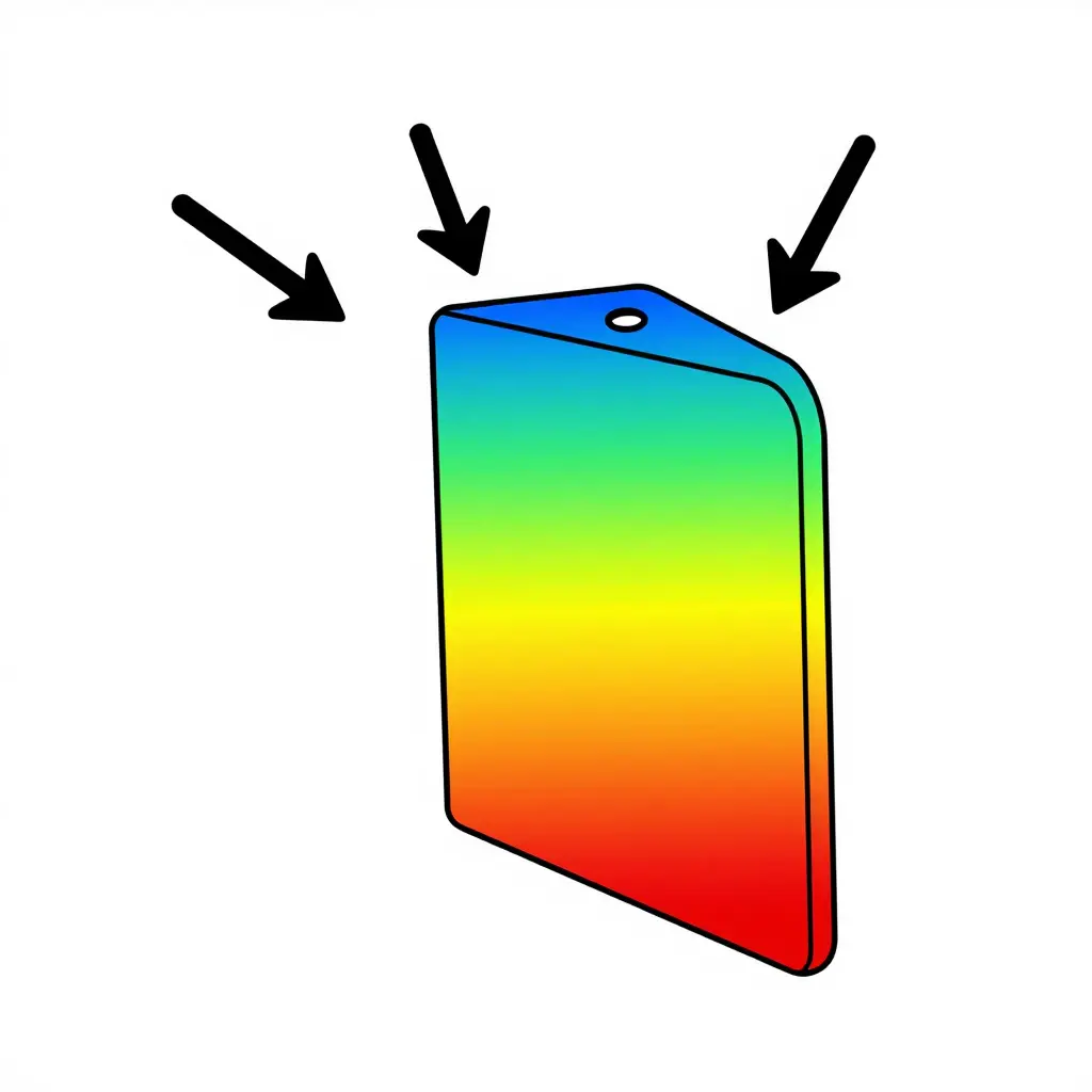 2D schematic of a fairing mounting tab showing directional load arrows and a color gradient that intensifies toward the fillet root