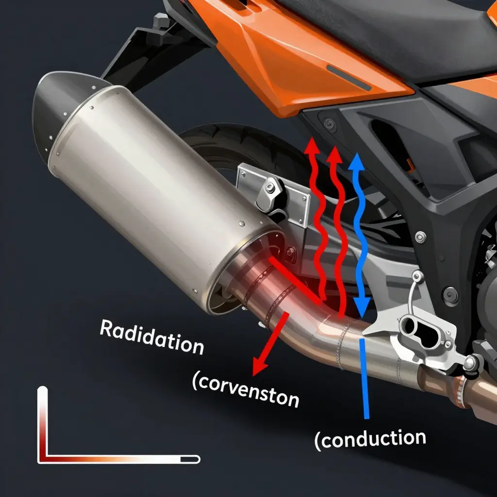 Cross-section diagram of an exhaust pipe radiating heat across an air gap to a lower fairing, with conduction, convection, and radiation arrows