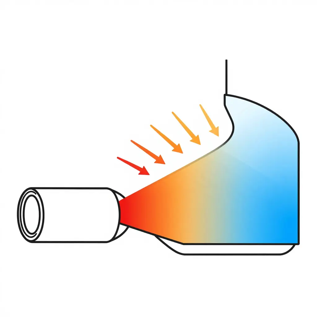 Schematic of radiant heat transferring from an exhaust pipe, through a heat shield boundary, onto the inner surface of a motorcycle lower fairing