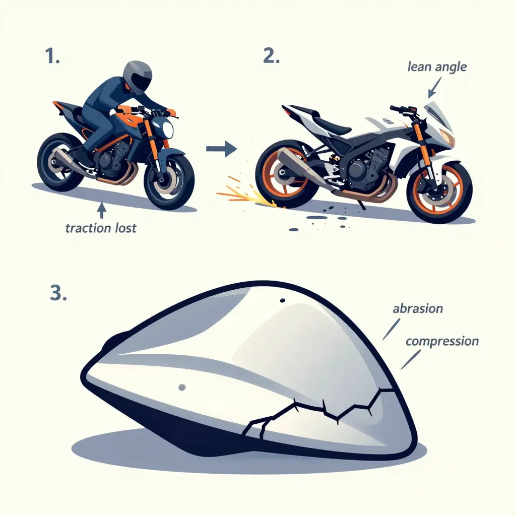 Diagram of a motorcycle low-side crash showing loss of traction, the slide on asphalt, and abrasion, compression, and impact forces acting on the fairing panels