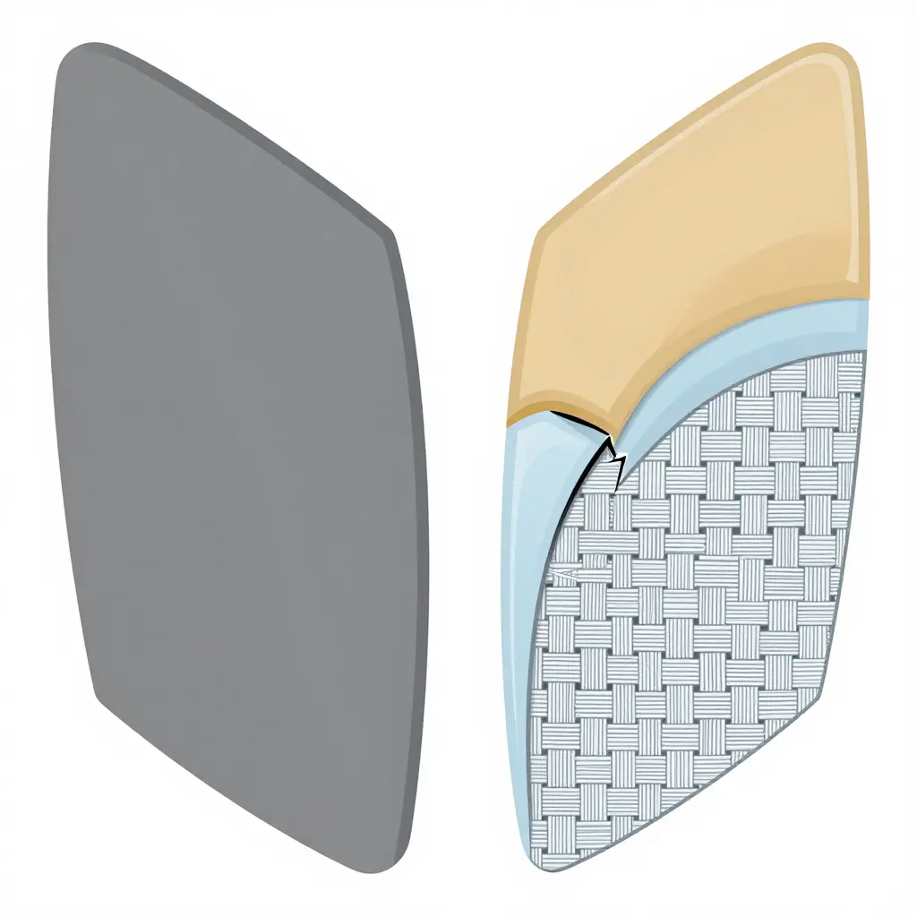 Side-by-side cross-section diagram comparing an ABS fairing panel (a single uniform plastic layer that bends and dents on impact) with a fiberglass fairing panel (layered resin over woven fiber strands that cracks and delaminates)