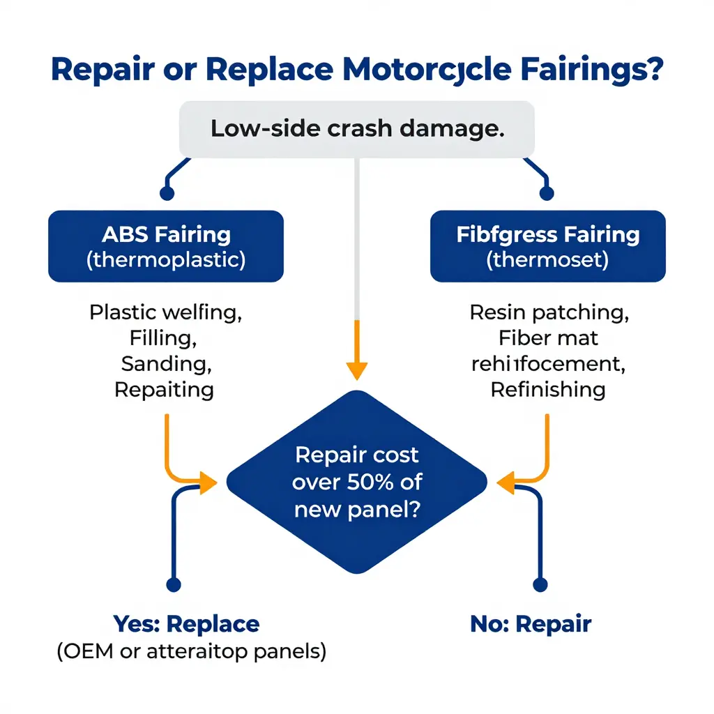 Repair vs replace decision flowchart for ABS and fiberglass motorcycle fairings