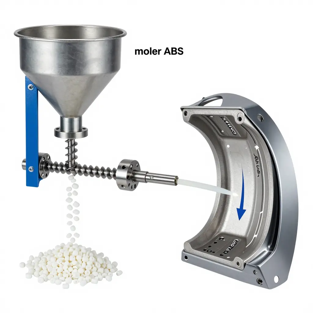 Diagram of the ABS injection molding process, showing plastic pellets melting in a heated barrel and being injected into a steel mold shaped like a motorcycle fairing panel
