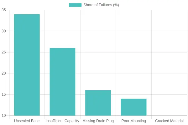 Bar chart titled 'Why Belly Pan Oil Containment Fails Track Tech Inspection (Suzuki GSXR 600)' showing share of failures by cause: Unsealed Base 34%, Insufficient Capacity 26%, Missing Drain Plug 16%, Poor Mounting 14%, Cracked Material 10%.