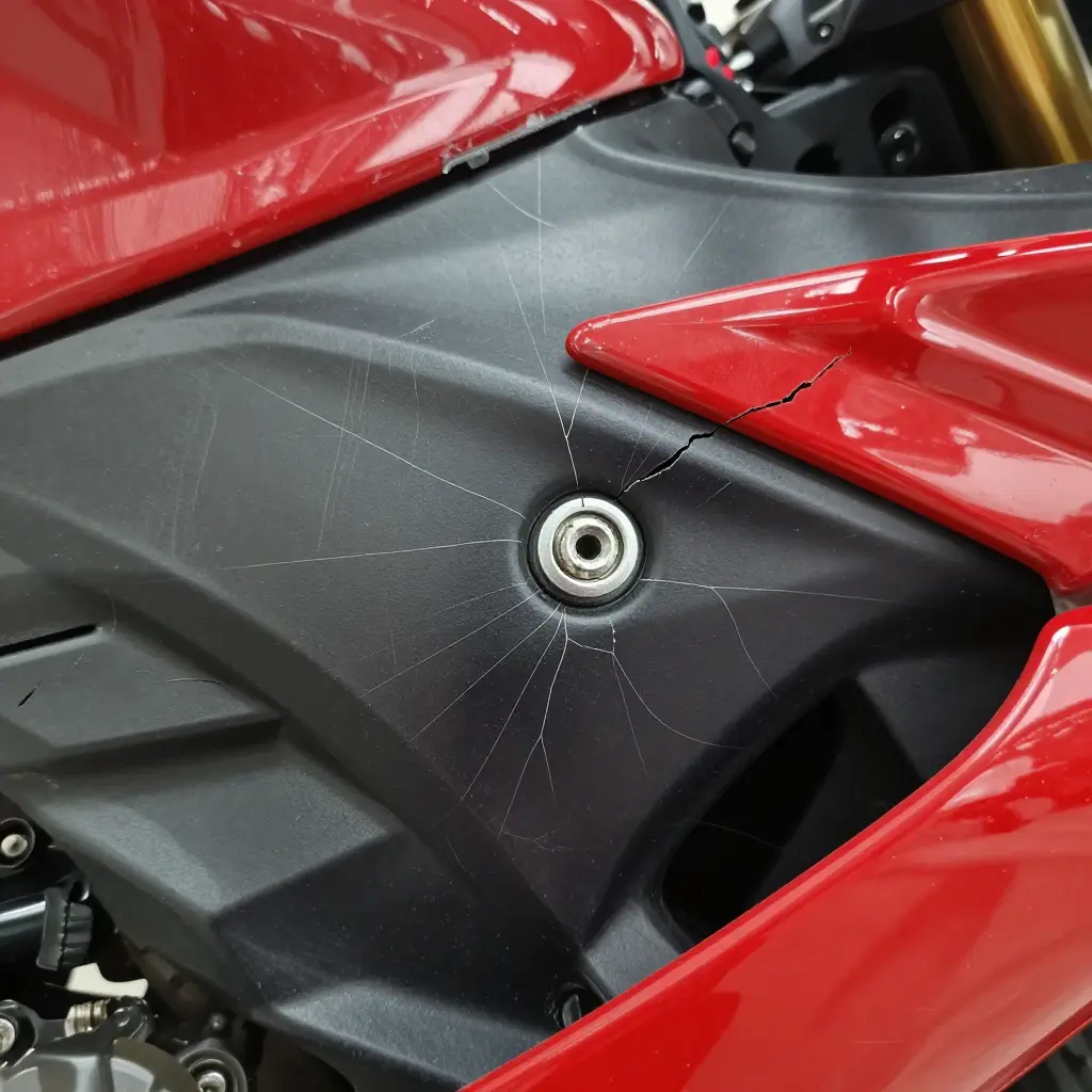 Spider-web cracks radiating from a fairing mounting bolt on a sportbike