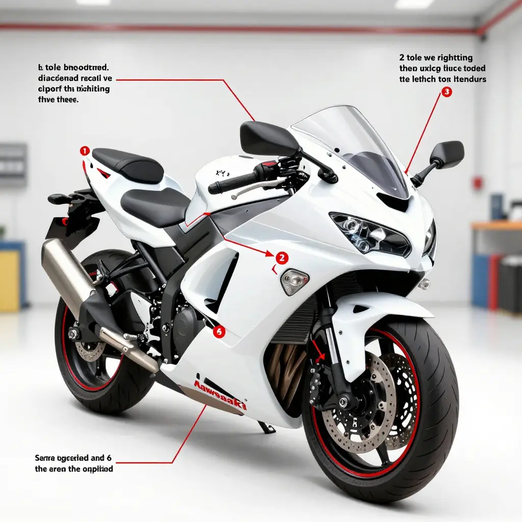 Numbered bolt mounting points on a Kawasaki ZX14 upper fairing with a cross-pattern tightening sequence diagram
