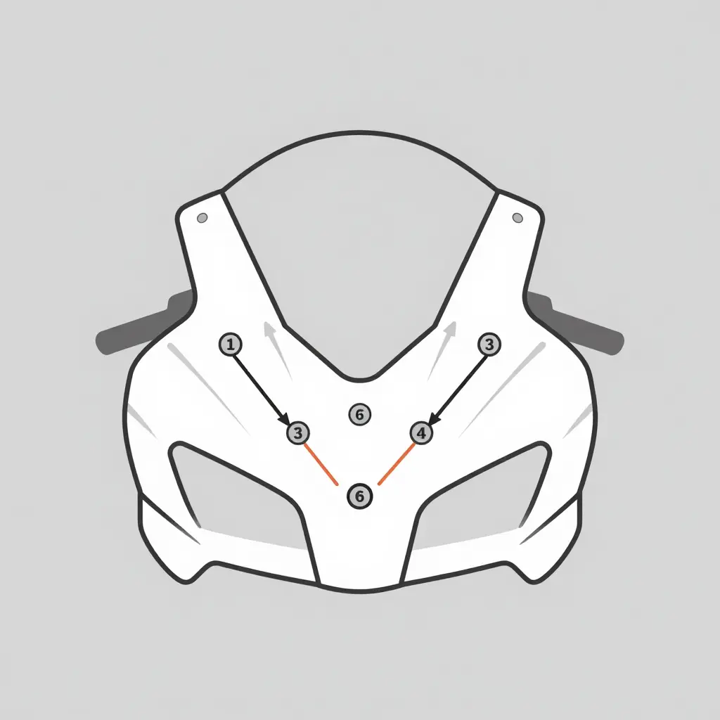 Schematic 2D diagram of the Kawasaki ZX14 upper fairing showing six numbered bolt points and a diagonal star-pattern tightening sequence with directional arrows