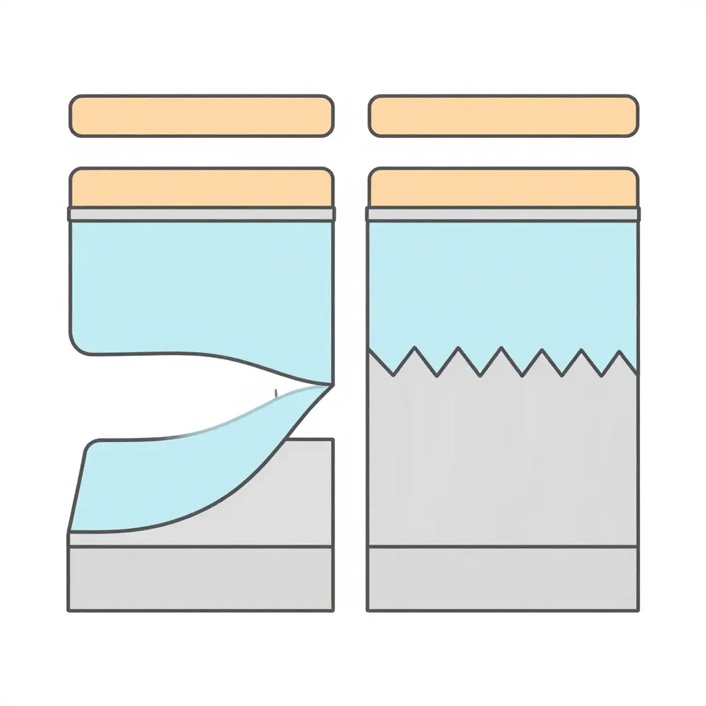 2D cross-section diagram showing the fairing base, gel coat, and primer layers. On the left, the primer peels away from a smooth, unscuffed gel coat; on the right, a scuffed, textured gel coat holds the primer firmly in place.