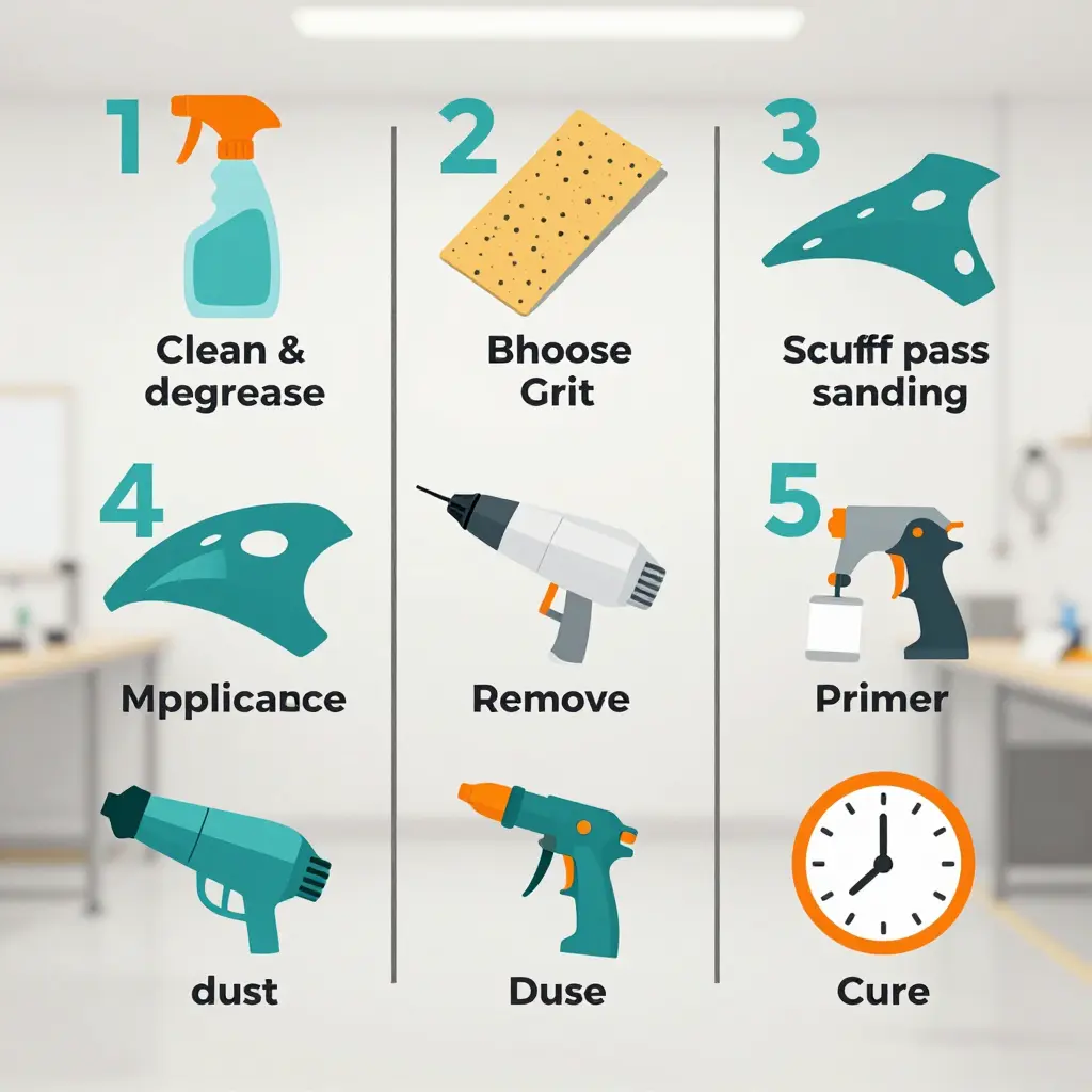 Infographic showing the six-step workflow for prepping unpainted motorcycle fairings, from cleaning and scuffing to primer and cure