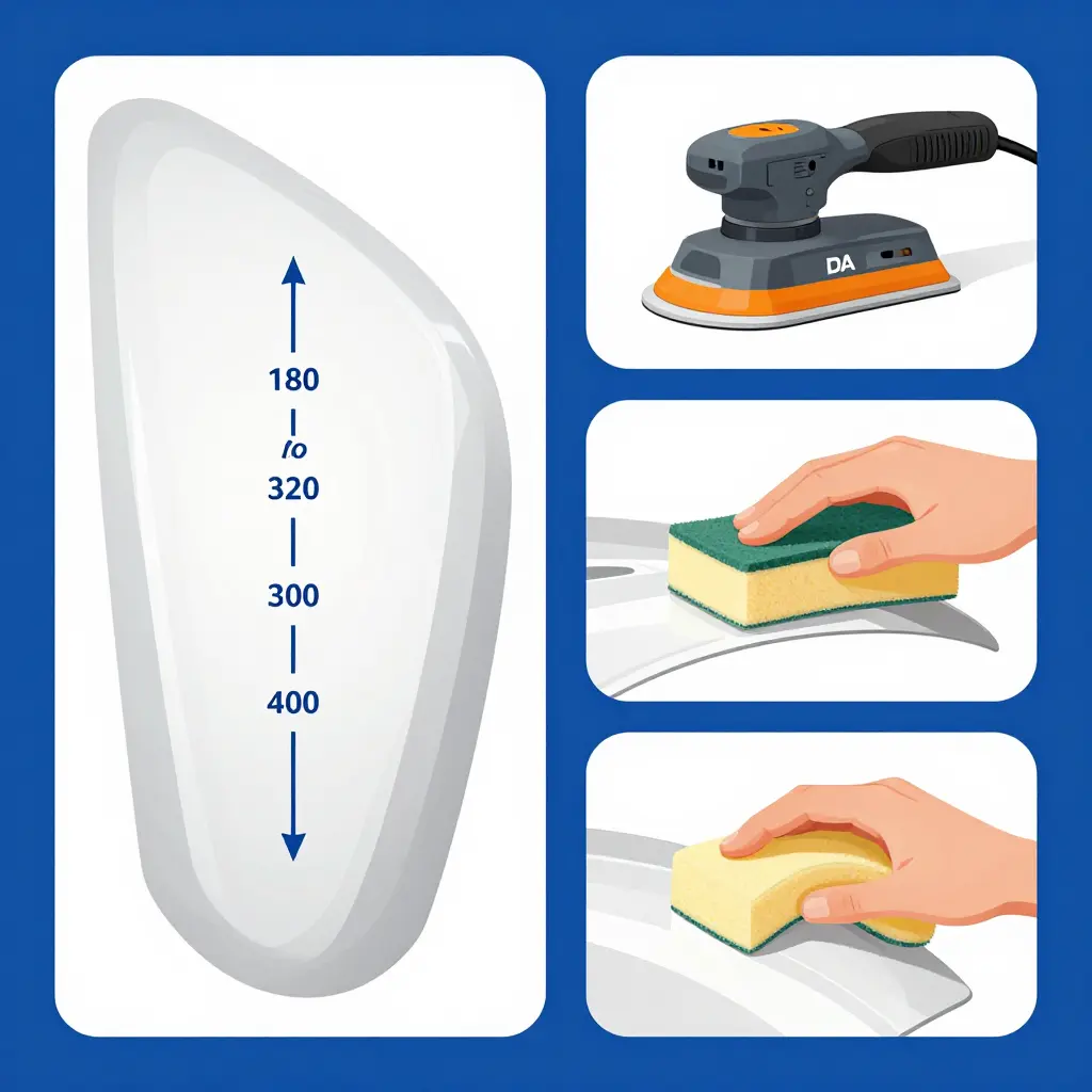 Labeled diagram showing grit progression from 180 to 320 to 400 on a gel coat fairing, plus a DA sander on a curve, a hand block following an edge, and a sponge reaching a recessed area