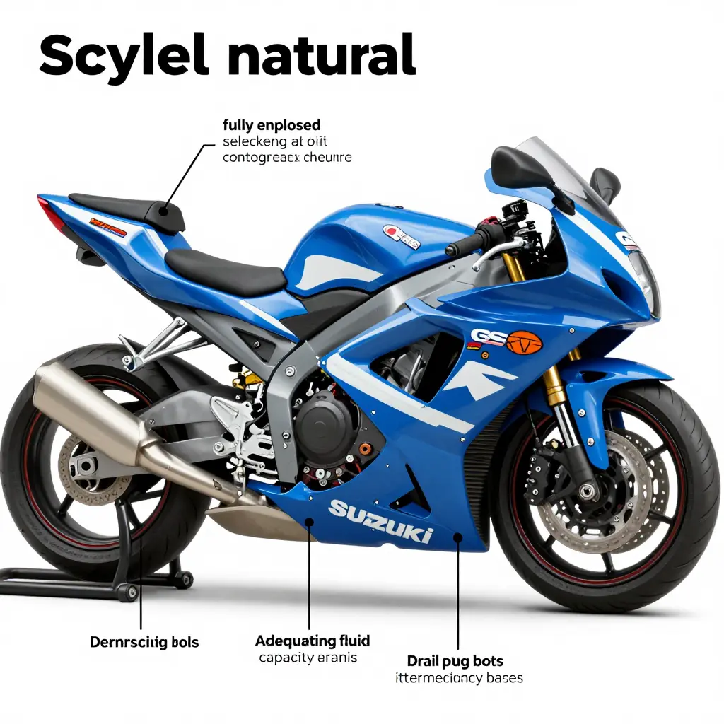 Cutaway diagram of a Suzuki GSXR 600 race fairing showing belly pan oil containment checkpoints including enclosed base, fluid capacity, mounting bolts, and drain plug
