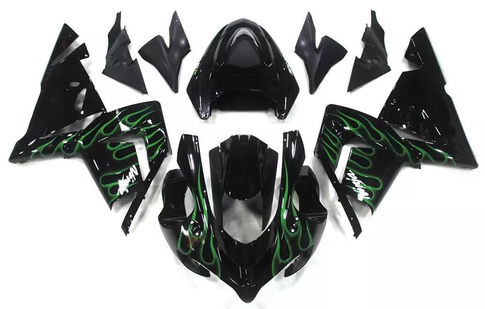 Black Green Flames Motorcycle Fairings Plastics Kit For 2004-2005 Kawasaki ZX-10R FM-4532