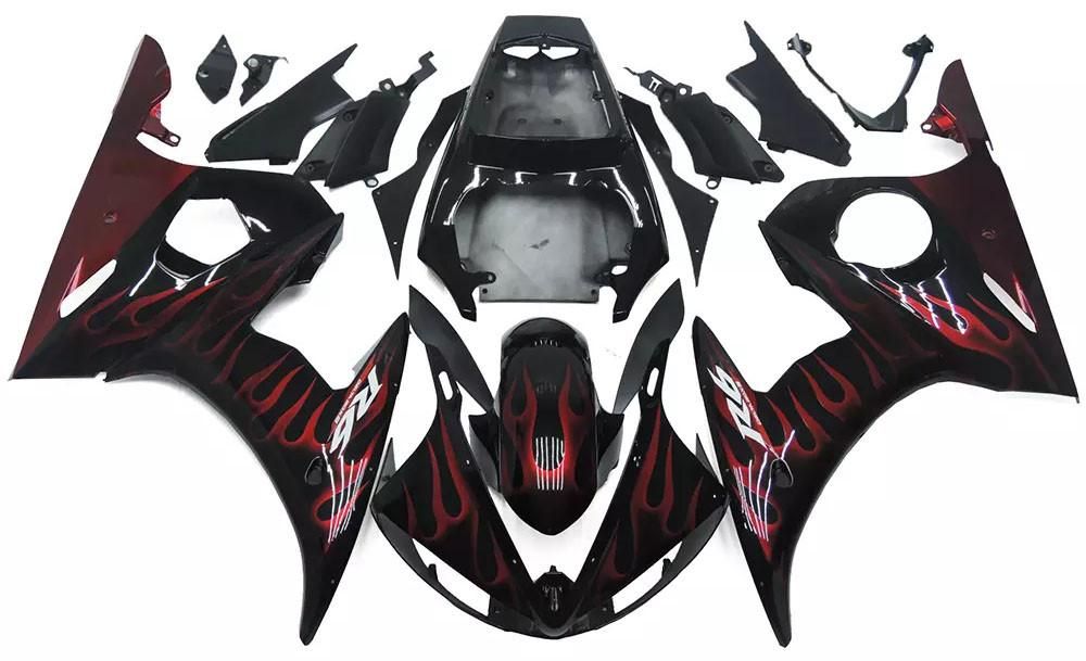 Black Red Flames Motorcycle Fairings Plastics Kit For 2003-2005 Yamaha YZF-R6 FM-4897